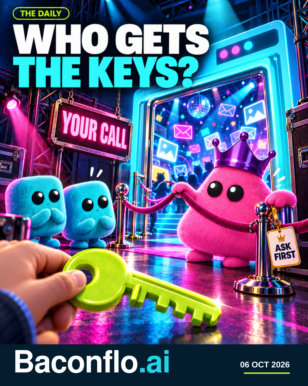 Who gets the keys? A hand holds a bright green key while Bacon.Dot, a pink crowned character, guards a digital doorway beside a sign reading Ask first.